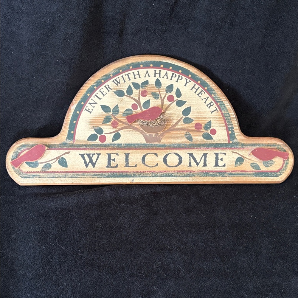 Vintage Primitive Wooden Welcome Door Topper, Wall Sign Birds& Nest